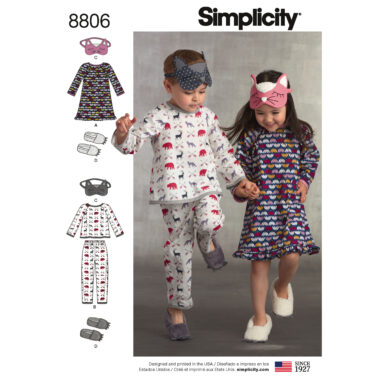 Simplicity 8806 Child Dress, Top, Pants, Eye Mask and Slippers Sewing Pattern